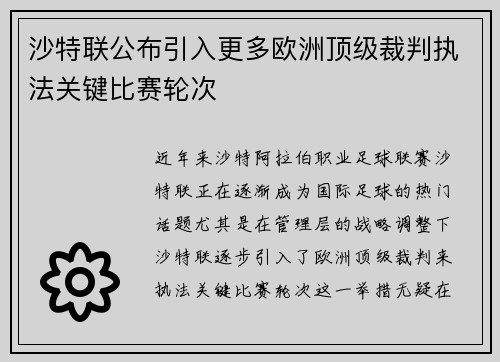 沙特联公布引入更多欧洲顶级裁判执法关键比赛轮次